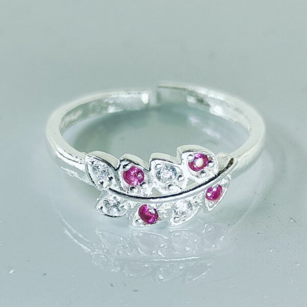 Leaf Shape Colored Toe Ring/Bichiya With Pink and White Zerconia Red Stones