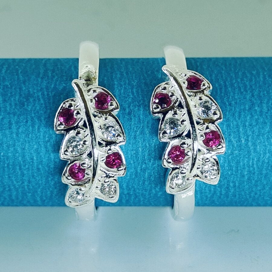 Leaf Shape Colored Toe Ring/Bichiya With Pink and White Zerconia Red Stones