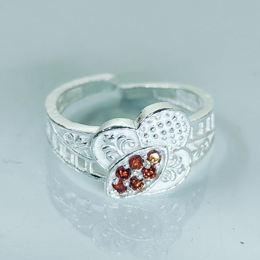 Flower Shaped Toe Rings With Orange Zirconia Stones In Silver