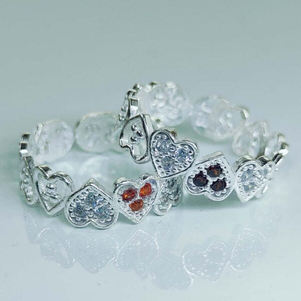 Heart Shaped Band Toe Rings With Peach And White Color Zirconia Stone In Silver