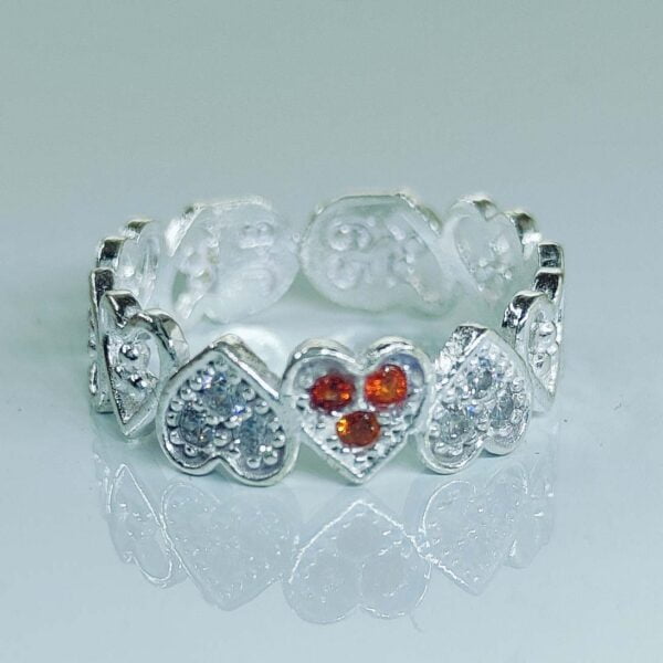 Heart Shaped Band Toe Rings With Peach And White Color Zirconia Stone In Silver