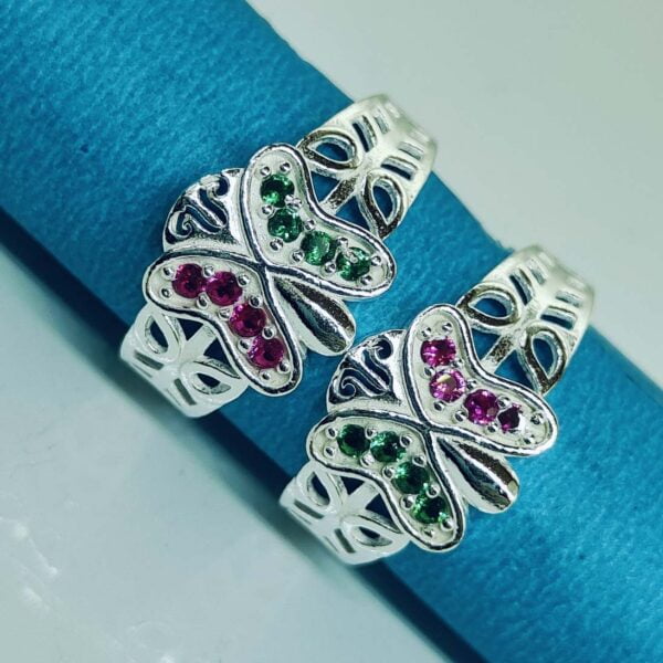 Butterfly Shaped Toe Rings With Pink and Green Zirconia Stones In Silver