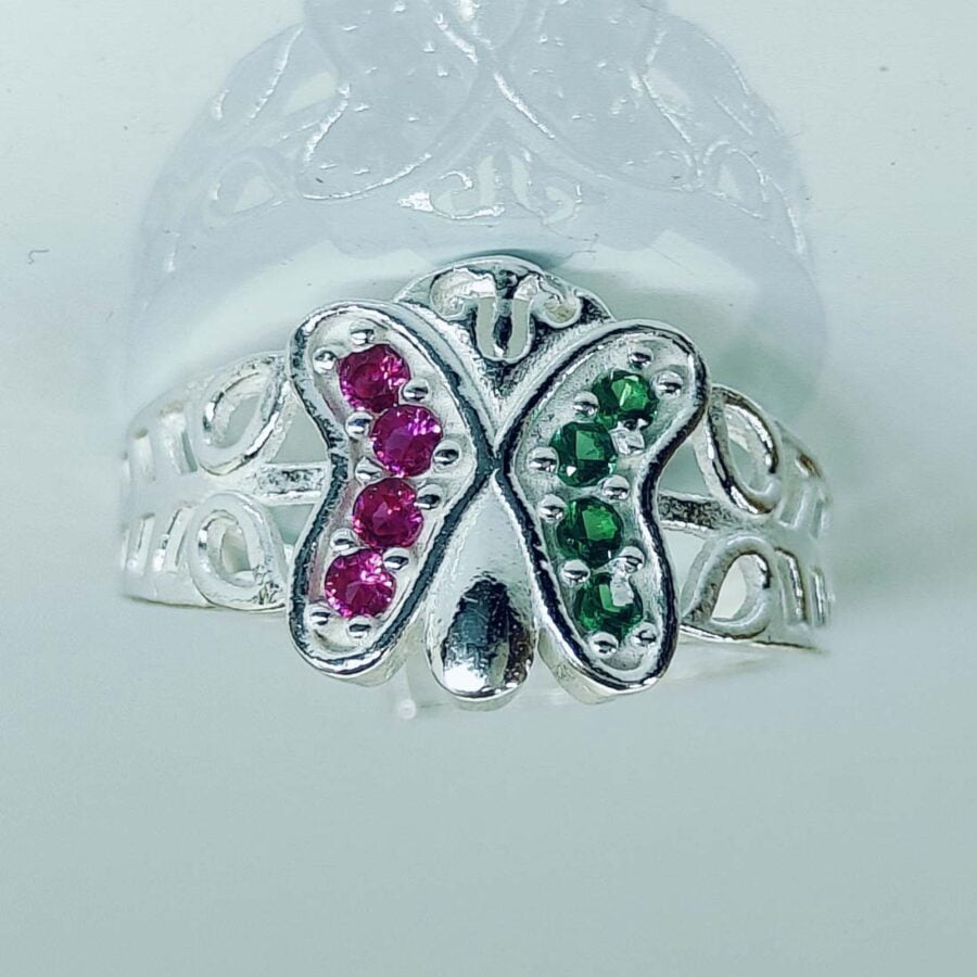 Butterfly Shaped Toe Rings With Pink and Green Zirconia Stones In Silver