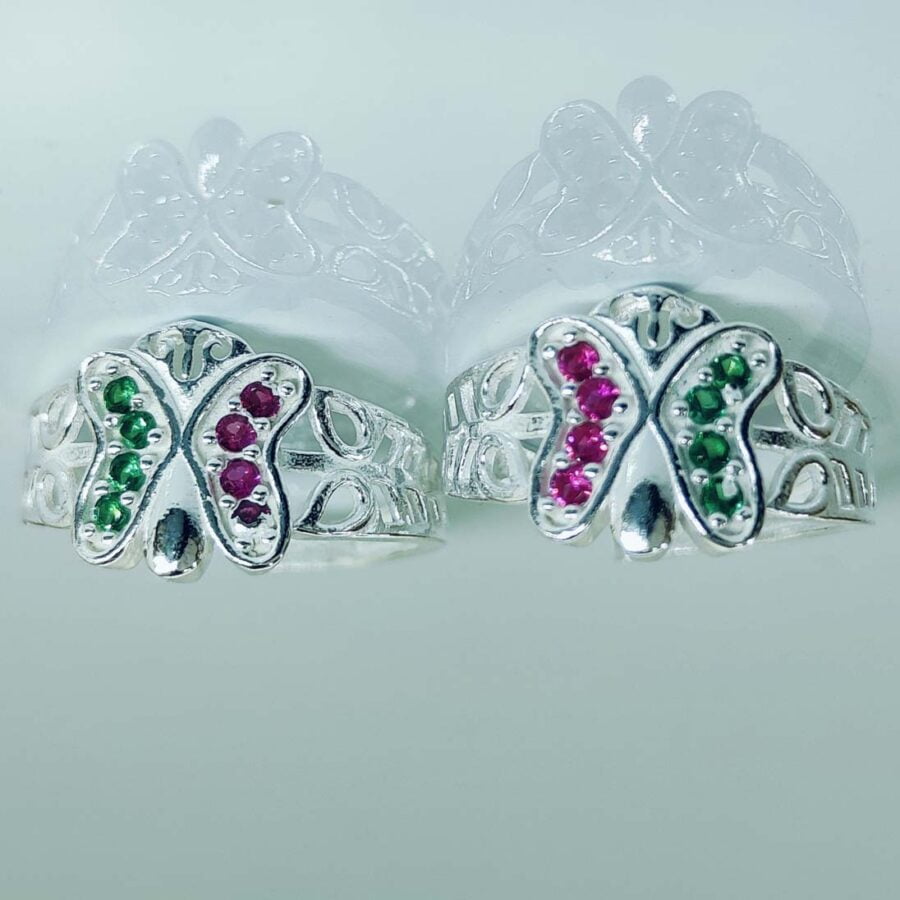 Butterfly Shaped Toe Rings With Pink and Green Zirconia Stones In Silver