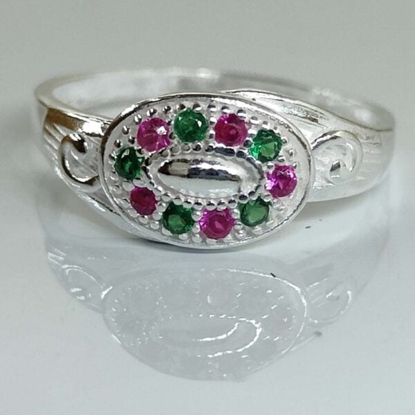 Oval Shaped Toe Ring With Green And Pink Zirconia Stone In Silver