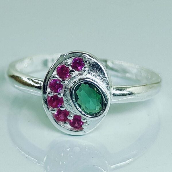 Medium Ovel With Stone As Eye Toe Ring With Pink And Green Zirconia Stones In Silver