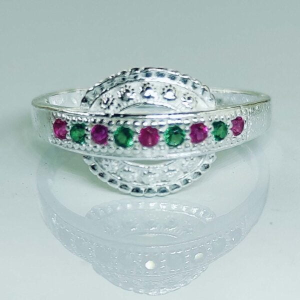 UFO Shape Toe Ring With Pink And Green Color Zirconia Stones In Silver