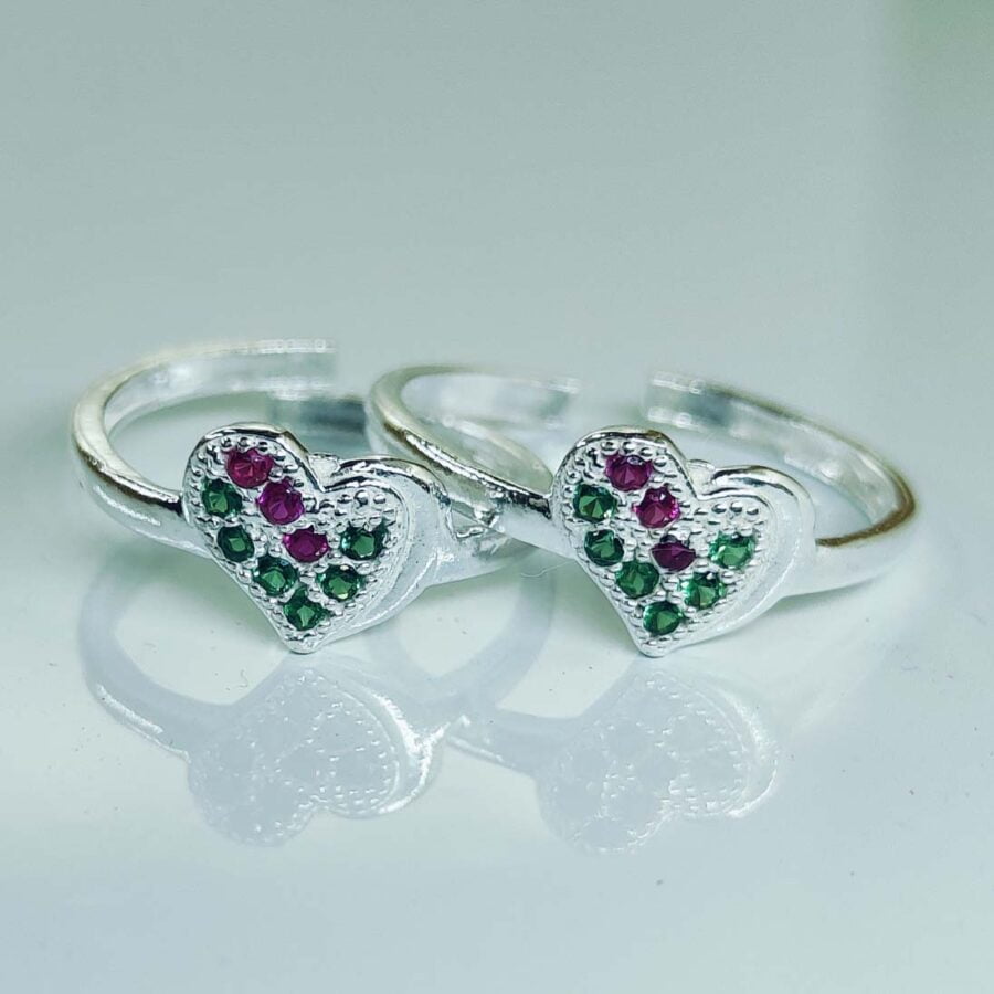 Heart Shape Toe Ring With Pink And Green Zirconia Stones In Silver