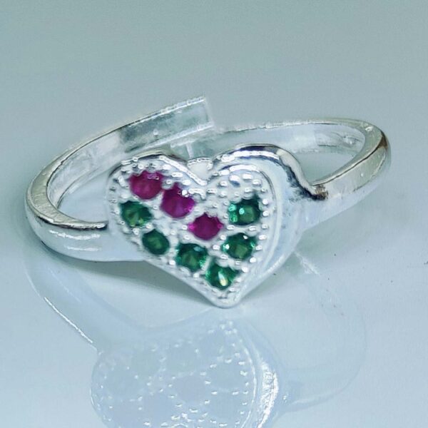 Heart Shape Toe Ring With Pink And Green Zirconia Stones In Silver