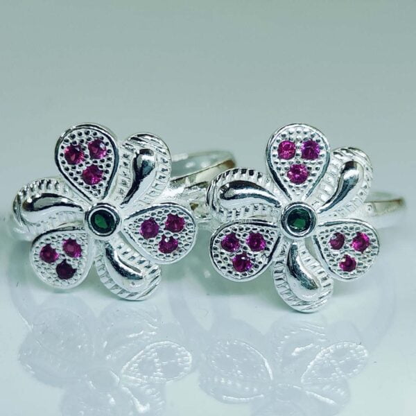 Star Shaped Toe Rings With Pink and Green Zirconia Stones In Silver