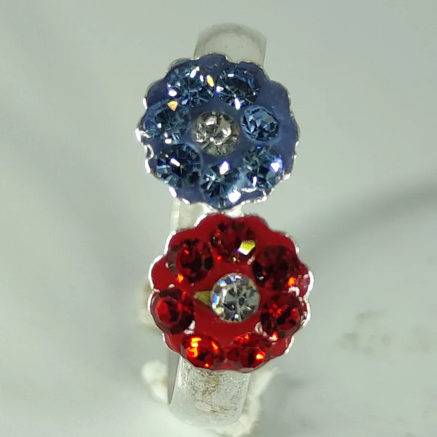 Front Lock Toe Ring With Red And Light Blue Zirconia Stones Arranged In Round Shape With White Stone At Center